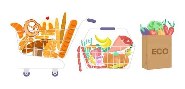 一套装满食物篮和ECO包的购物袋 — 图库矢量图片