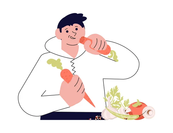 Cute nowoczesny minimalistyczny szczęśliwy chłopiec jedzenie marchewki. — Wektor stockowy