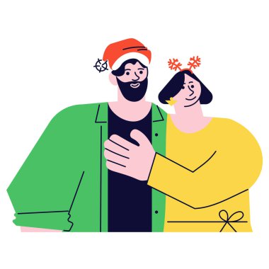 Noel şapkalı mutlu bir çift aile ferdi beyazlar içinde izole edilmiş.