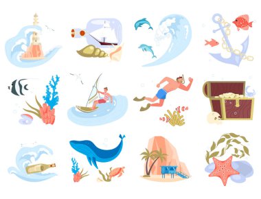 Bir dizi sualtı yaşam elementi, tropik hayvanlar, mercanlar, balıklar ve dalgıçlar.