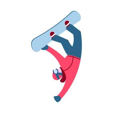 Kırmızı ceketli snowboardcu atlama numarası yapıyor.