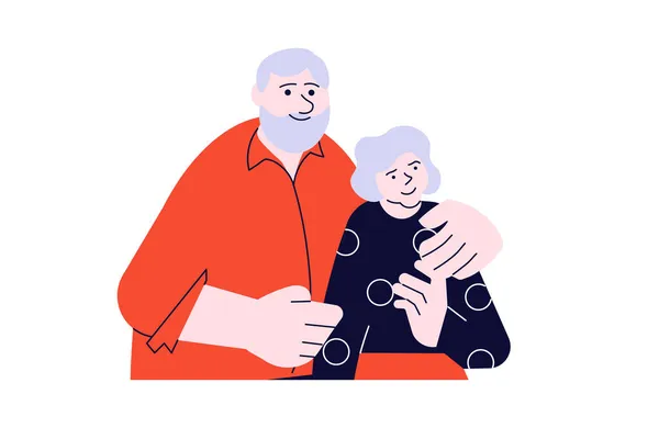 Ηλικιωμένοι ζευγάρι οικογένεια άνθρωποι μαζί. Ο πρεσβύτερος αγκαλιάζει τη γυναίκα του — Διανυσματικό Αρχείο