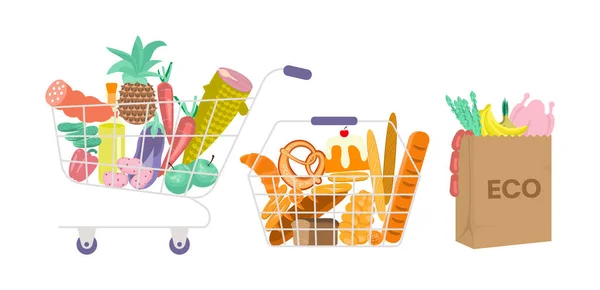 Комплект покупок полный продовольственных корзин и ECO мешок — стоковое фото