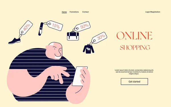 Processo di shopping online. Uomo anziano acquistare beni in internet store — Vettoriale Stock