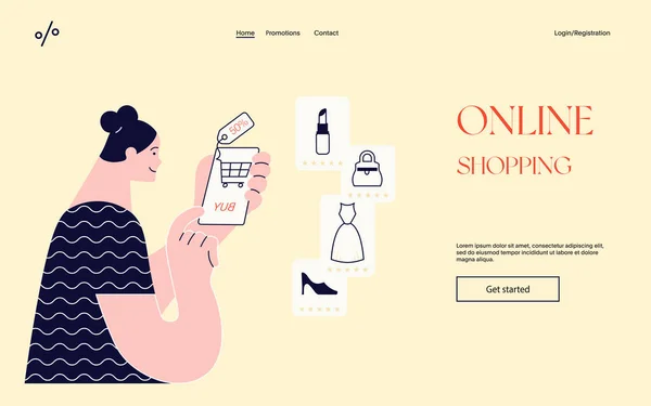 Online shopping process. Young woman buying goods in internet store — Stock Vector