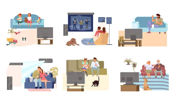 Conjunto de diferentes personas sentadas en el sofá y viendo la televisión — Foto de Stock