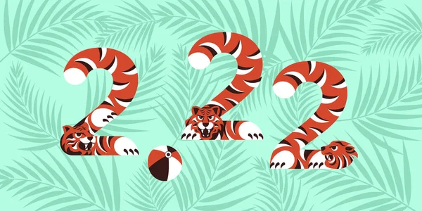 2022 открытки или пригласительный баннер со стилизованными тиграми — стоковый вектор