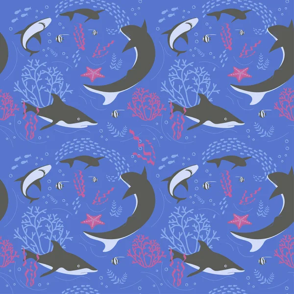 Seamless underwater pattern with sharks and corals — Stock Vector
