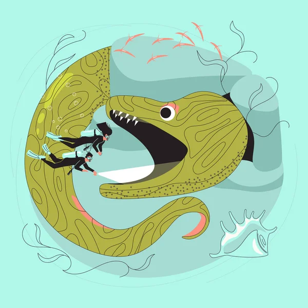 Büyük bir yılanbalığının ağzında tüple dalış yapan bir adam ve kadın.