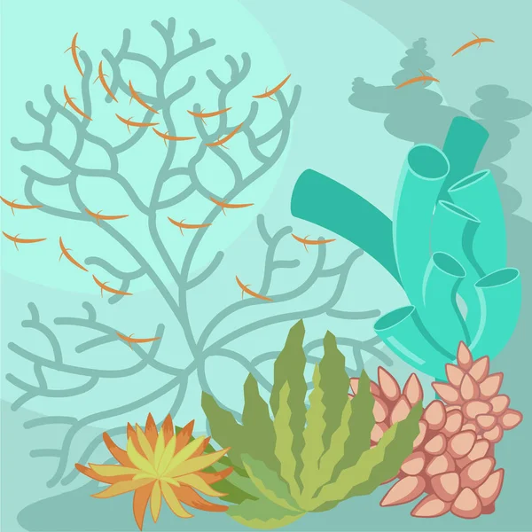 Scena subacquea con barriera corallina su fondo acquamarina — Vettoriale Stock