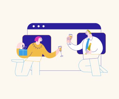 Çevrimiçi konferans partisinde çeşitli insanlar sohbet ediyor ve selamlıyorlar.