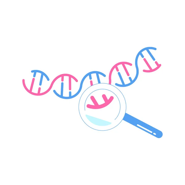 Simbolo del DNA ingrandito sotto una lente d'ingrandimento. Scienza, chimica ed esplorazione — Vettoriale Stock