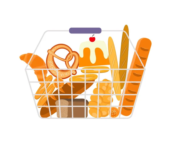 Shopping full basket with bakery food front view. — Stockfoto