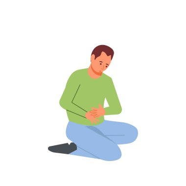 Hasta adam karnını tutarak toplandı. Karın ağrısı olan bir karakter.