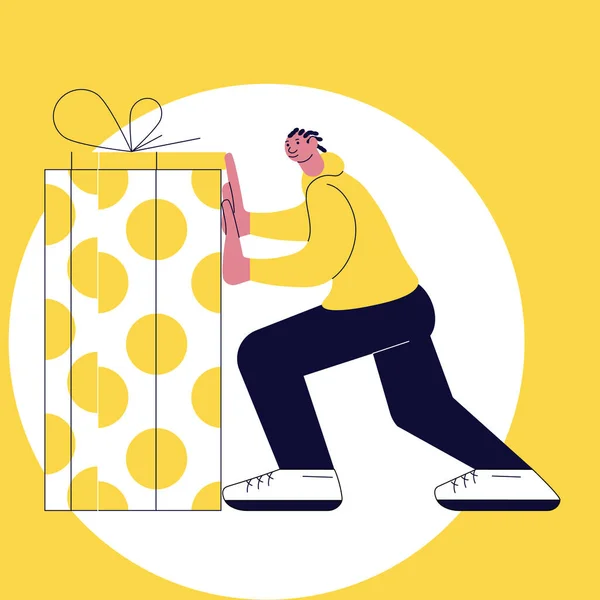 Square art template with man carrying a huge gift — Wektor stockowy