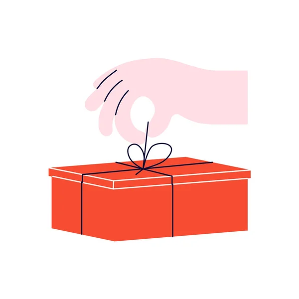 Ανθρώπινο χέρι που κρατάει ένα δώρο. Κόκκινο κουτί δώρου για γιορτές — Διανυσματικό Αρχείο