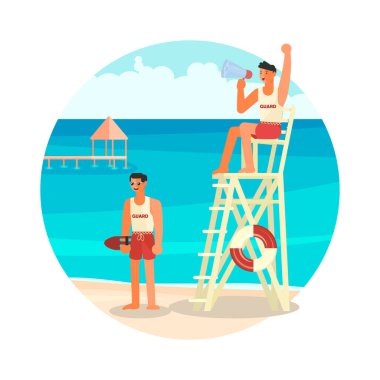 Round icon water activity. Male lifeguards, professional rescuer