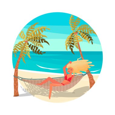 Round icon summer activity. Young beautiful girl lies in a hammock
