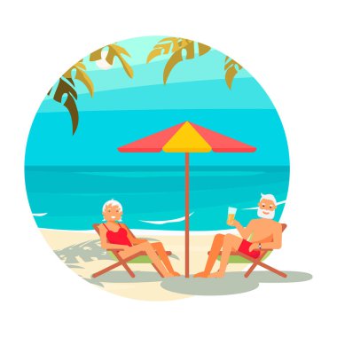 Round icon summer activity. Elderly people characters on a loungers