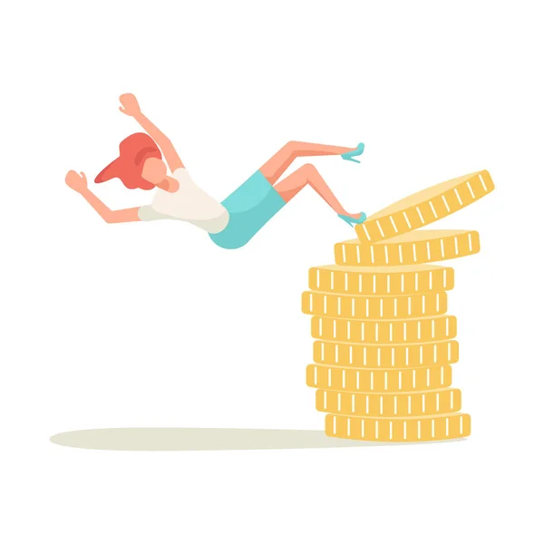 Femme investisseur tombe d'une pile de pièces. Diminution des finances et crise des entreprises — Image vectorielle