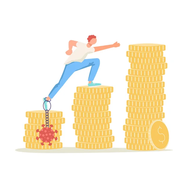 Businessman with a kettlebell on his leg is climbing stairs from stacks of coins — Stockvector