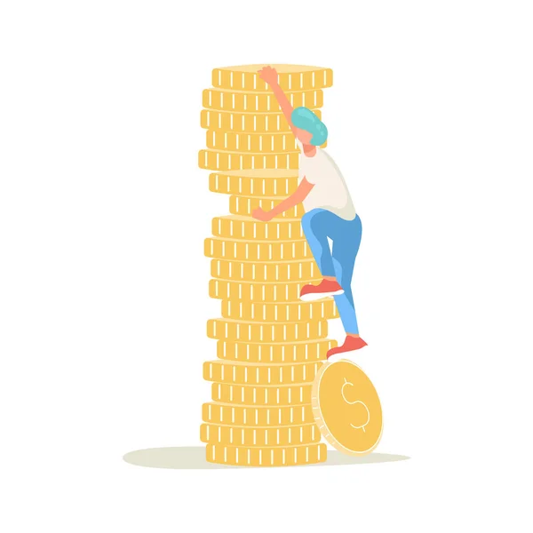 Businessman is climbing up on stack of coins toward his financial goal — Stockvector