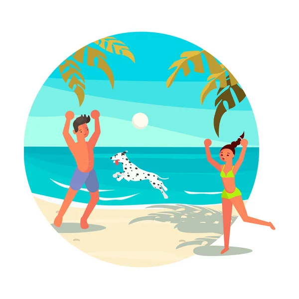 Round icon summer activity. People playing volleyball on the beach — Stockvektor