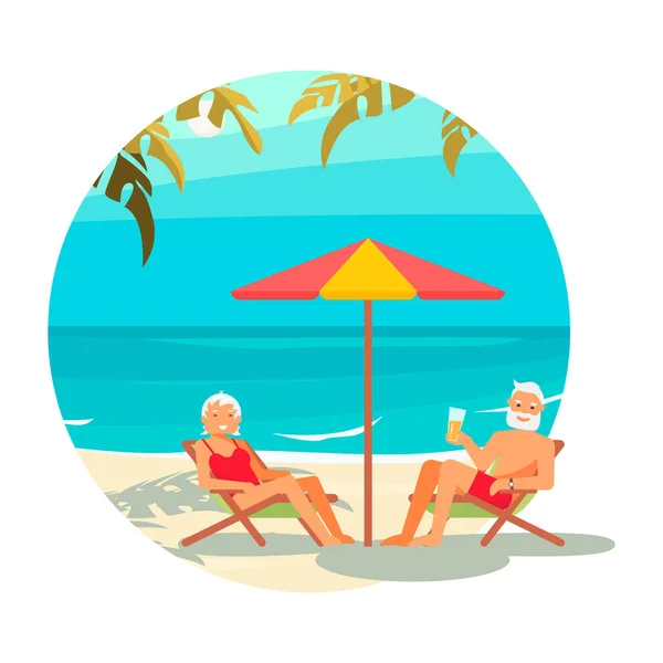 Round icon summer activity. Elderly people characters on a loungers — Stockvektor