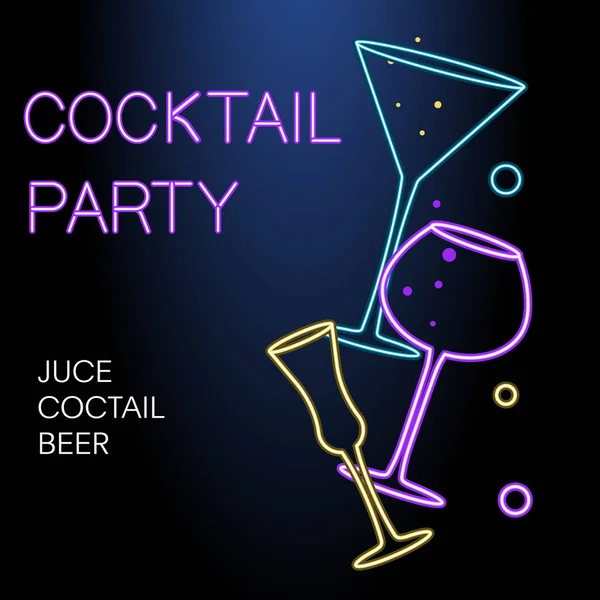 Flyer for night cocktail party. Neon sign, bright alcoholic signboard — Stock Vector