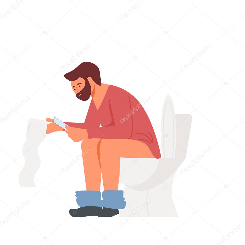 Sick man with diarrhea sitting on the toilet