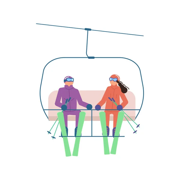 Ζευγάρι σκιέρ κινουμένων σχεδίων σε ανελκυστήρα σκι απομονωμένο σε λευκό φόντο — Διανυσματικό Αρχείο