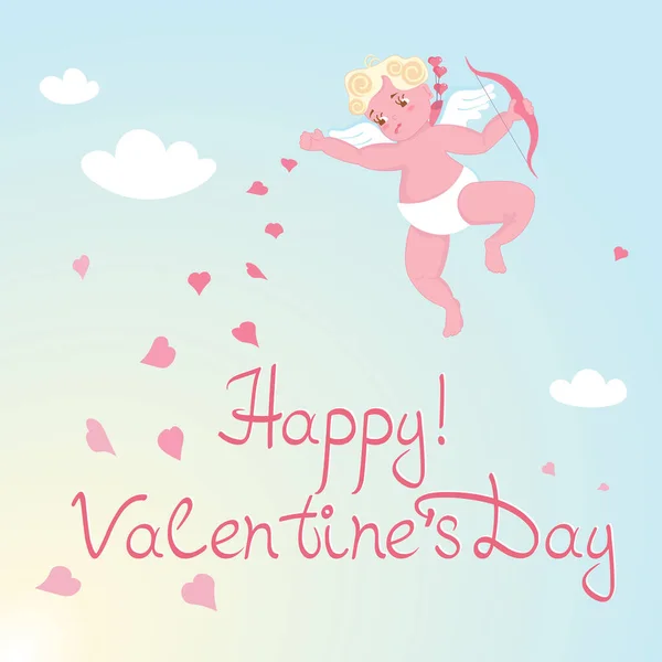 Cute baby Cupid isolated on blue sky background. — Stock Vector