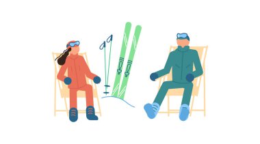 Çizgi film kayakçıları dinlenme yerlerinde oturur ve kayak merkezinde dinlenirler.