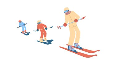 Kayak okulundaki çizgi film kayakçıları beyaz arka planda izole edilmiş.