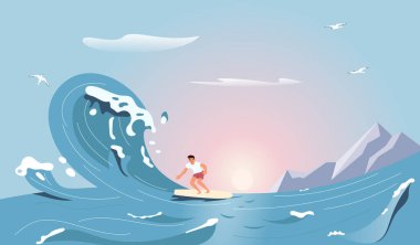 Sörfçü, Fıçı Dalgası 'na biniyor. Deniz manzarası arka planında izole edilmiş.