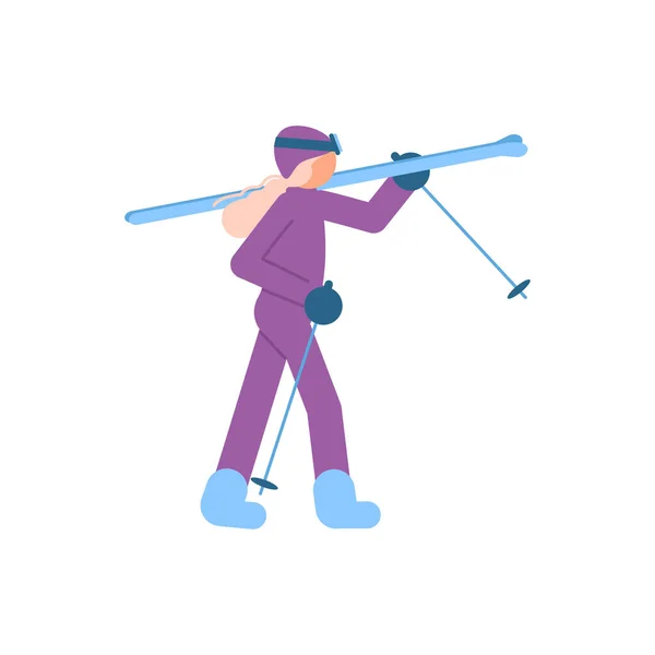 Kobieta narciarz trzyma narty na ramieniu — Wektor stockowy