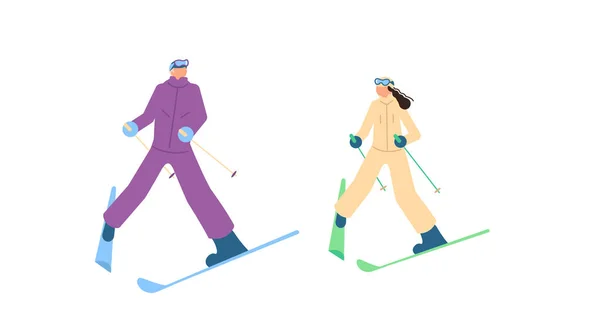 Esquiadores de dibujos animados en la escuela de esquí aislados sobre fondo blanco — Vector de stock