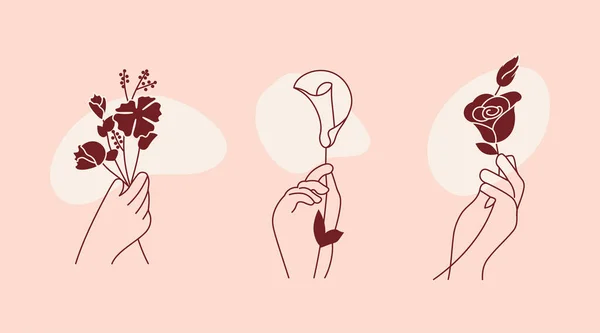 Hände mit Blume im trendigen Outline Minimal Style — Stockvektor