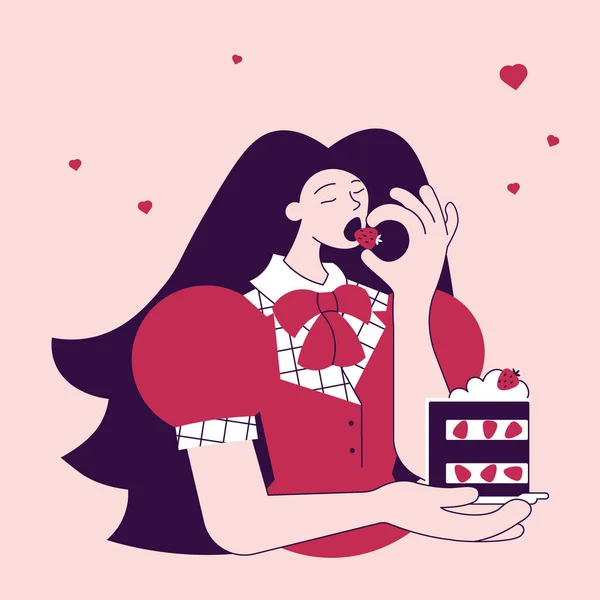 A vörös ruhás lány epres tortát eszik. — Stock Vector