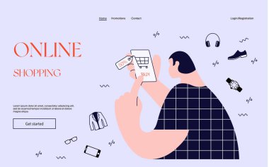 Online alışveriş süreci. Genç adam internet mağazasından mal alıyor.