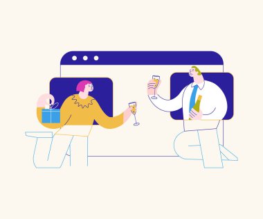 Çevrimiçi konferans partisinde çeşitli insanlar sohbet ediyor ve selamlıyorlar.