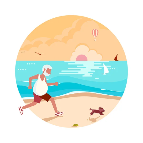 Elderly man jogging with his dog against background of sea sunset — Stock Vector