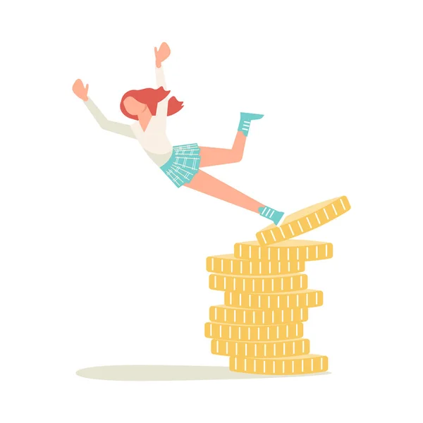 Female investor falls from a stack of coins. Finance decrease and business crisis — Stock Photo, Image