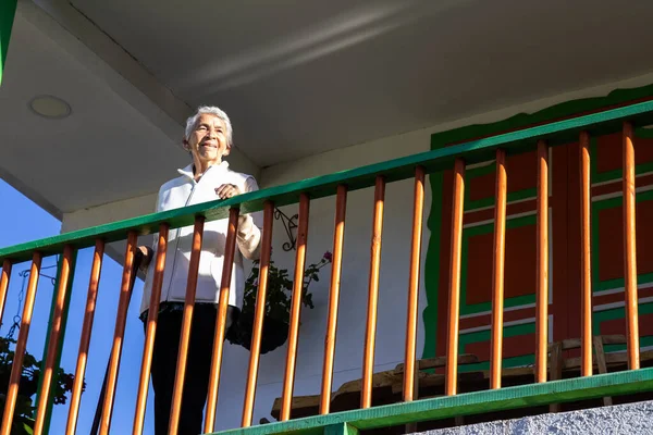 Senior Woman Traditional Colorful Balcony Beautiful Colonial Town Salento Region — стоковое фото