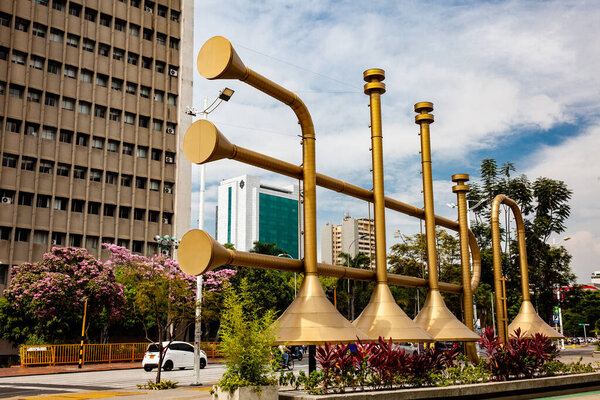 CALI, COLOMBIA - AUGUST 2021. View of the well known Jairo Varela Plaza and the Municipal Administrative Center (CAM) building in Cali