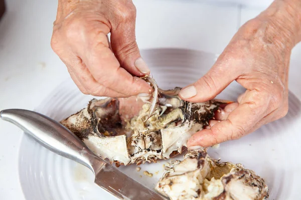 Close up of  the process of breaking down a fresh crab to take out the flesh