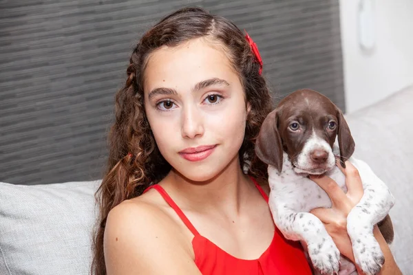 Menina Bonita Com Seu Pequeno Filhote Cachorro Francês Braque — Fotografia de Stock