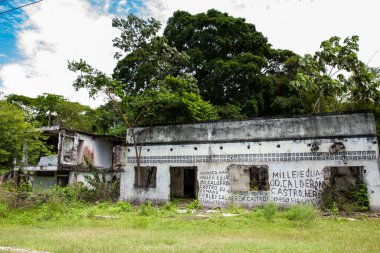 ARMERO, COLOMBIA - Mayıs 2022: 1985 'te Nevado del Ruiz Volkanı' nın yol açtığı trajedinin ardından Armero Kasabası 'nın ağaçlar ve doğa ile kaplı yıkılmış evlerinin kalıntıları