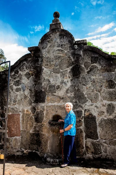 Senior Woman Beautiful Historical Church Ermita Built Sixteenth Century Town — Fotografia de Stock