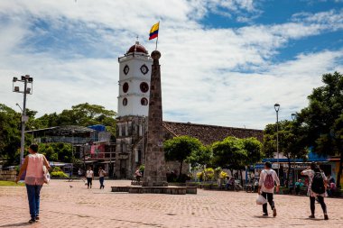 MARIQUITA, COLOMBIA - MAY, 2022: Jose Celestino Mutis square and the San Sebastian Church built between 1553 and 1653 at the town of Mariquita in Colombia